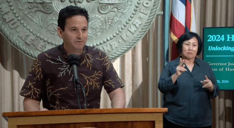 U.S. Sen. Brian Schatz delivered stirring remarks about the barriers to more housing at Gov. Josh Green's signing ceremony in 2024 for state housing-reform bill SB3202.