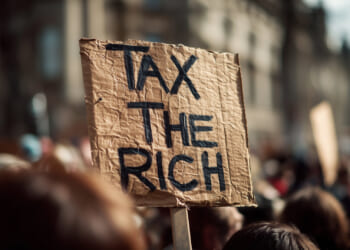 Tax the rich sign held up over a protesting crowd.