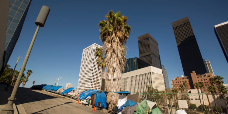 A,Homeless,Encampment,Next,To,A,Downtown,Los,Angeles,Freeway.