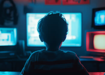 A child staring at multiple screens, with a lack of concern about online privacy.