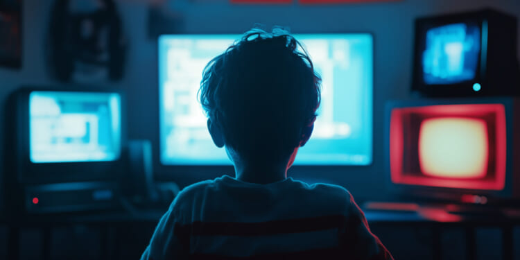 A child staring at multiple screens, with a lack of concern about online privacy.