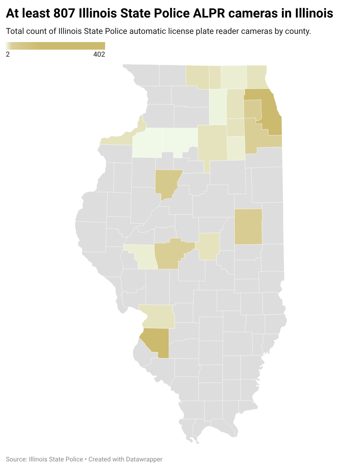 Choropleth map of Illinois showing where the Illinois State Police operate at least 807 automated license plate reader (ALPR) cameras across the state.