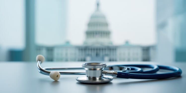 A stethoscope on a table with the U.S. Capitol blurred in the background.